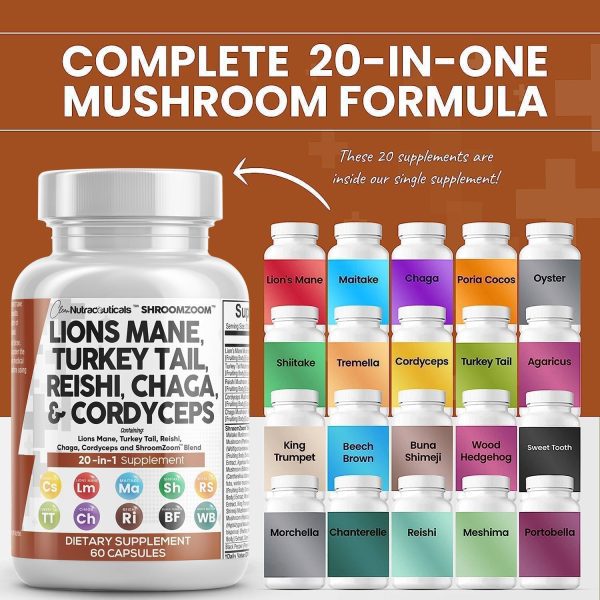 Clean Nutraceuticals Lions Mane 20in1 Mushroom Supplement with Turkey Tail Reishi Cordyceps Chaga Maitake Meshima Poria Cocos Shiitake Oyster Porcini Enoki (5) - Image 2