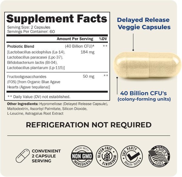 Daily Probiotic Supplement 40 Billion CFU - Gut Health Complex with Astragalus and Lactobacillus Acidophilus Probiotic for Women and Men - Shelf Stable, with Prebiotics for Digestive Health 120 ct - Image 3