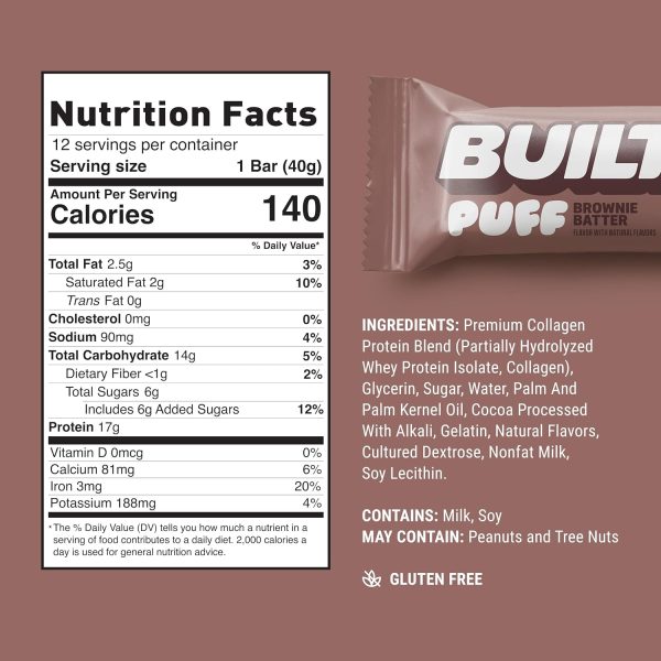 Built Bar, Puff Protein Bars, Brownie Batter Puff, 17g Protein Snacks, On-The-Go Bars, Only 140 Calories, 6g Sugar, Collagen, Gluten Free, 12 Count - Image 2