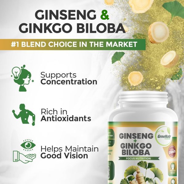 Ginko Biloba & Panax Ginseng Supplement - Red Ginseng Brain Supplement for Memory and Focus - Ginkgo Biloba Supplements for Good Vision, Immune System and Improved Blood Flow - 120 Tablets - Image 2