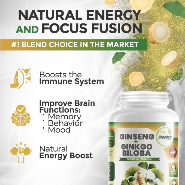 Ginko Biloba & Panax Ginseng Supplement - Red Ginseng Brain Supplement for Memory and Focus - Ginkgo Biloba Supplements for Good Vision, Immune System and Improved Blood Flow - 120 Tablets - Image 3