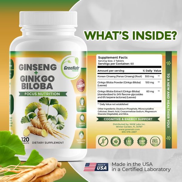 Ginko Biloba & Panax Ginseng Supplement - Red Ginseng Brain Supplement for Memory and Focus - Ginkgo Biloba Supplements for Good Vision, Immune System and Improved Blood Flow - 120 Tablets - Image 6