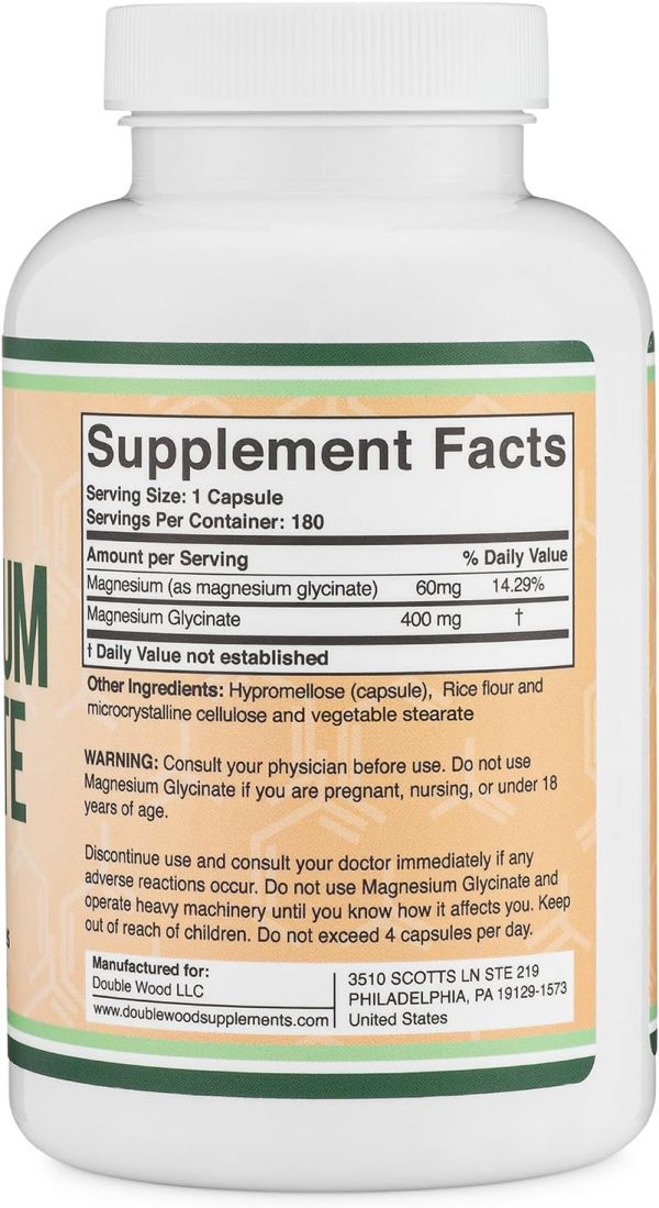 Magnesium Glycinate 400mg, 180 Capsules (Vegan Safe, Third Party Tested, Gluten Free, Non-GMO) High Absorption Magnesium by Double Wood Supplements - Image 6