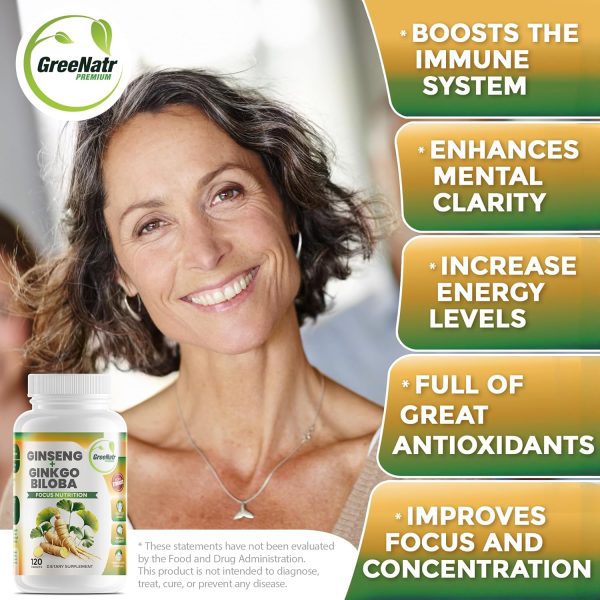 Ginko Biloba & Panax Ginseng Supplement - Red Ginseng Brain Supplement for Memory and Focus - Ginkgo Biloba Supplements for Good Vision, Immune System and Improved Blood Flow - 120 Tablets - Image 7