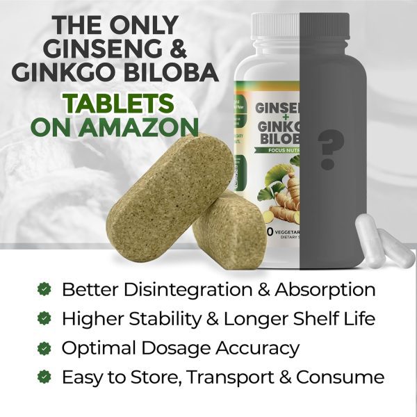 Ginko Biloba & Panax Ginseng Supplement - Red Ginseng Brain Supplement for Memory and Focus - Ginkgo Biloba Supplements for Good Vision, Immune System and Improved Blood Flow - 120 Tablets - Image 8