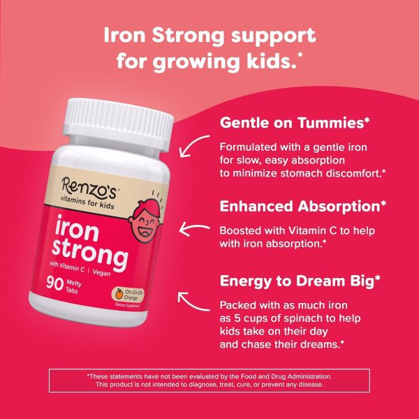Renzo's Iron Supplements for Kids, Dissolvable Vegan Iron Supplement with Vitamin C, Sugar Free, Oh-Oh-Oh Orange Flavor, 90 Melty Tabs - Image 2