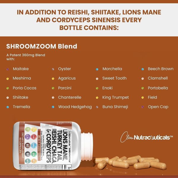Clean Nutraceuticals Lions Mane 20in1 Mushroom Supplement with Turkey Tail Reishi Cordyceps Chaga Maitake Meshima Poria Cocos Shiitake Oyster Porcini Enoki (5) - Image 3