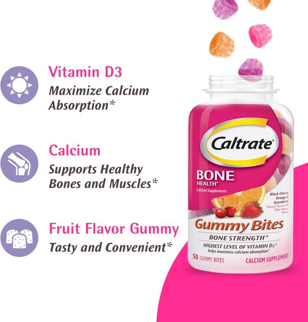 Caltrate Gummy Bites 500 mg Calcium and Vitamin D Supplement, Black Cherry, Strawberry, Orange - 100 Count - Image 3