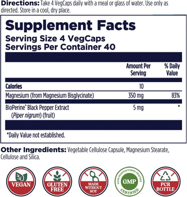 KAL Magnesium Glycinate Capsules, Fully Chelated Magnesium Bisglycinate, High Absorption Magnesium Supplement, Healthy Bones, Muscle, Relaxation and Stress Support, Non-GMO 160 count - Image 2