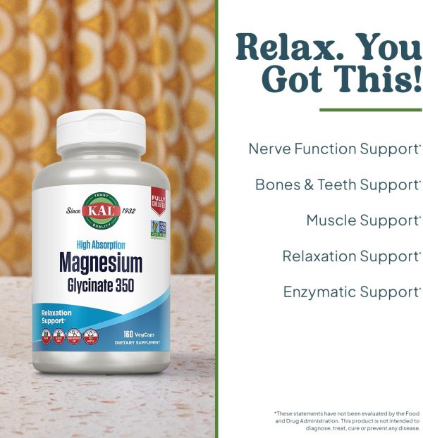 KAL Magnesium Glycinate Capsules, Fully Chelated Magnesium Bisglycinate, High Absorption Magnesium Supplement, Healthy Bones, Muscle, Relaxation and Stress Support, Non-GMO 160 count - Image 3