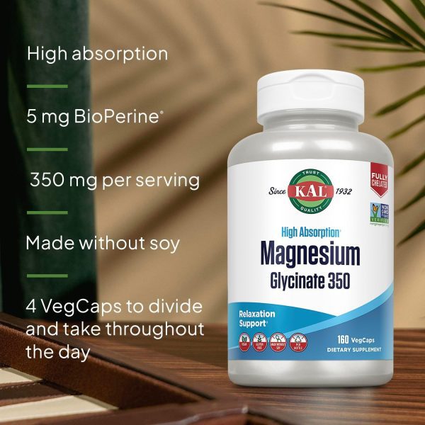 KAL Magnesium Glycinate Capsules, Fully Chelated Magnesium Bisglycinate, High Absorption Magnesium Supplement, Healthy Bones, Muscle, Relaxation and Stress Support, Non-GMO 160 count - Image 4