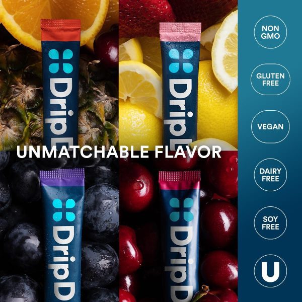 DripDrop Hydration Packets - Juicy Variety Pack - Single Serve Electrolytes Powder Drink Mix - Grape, Fruit Punch, Strawberry Lemonade, Cherry - Non-GMO, Gluten Free, Vegan - 32 Sticks - Image 4