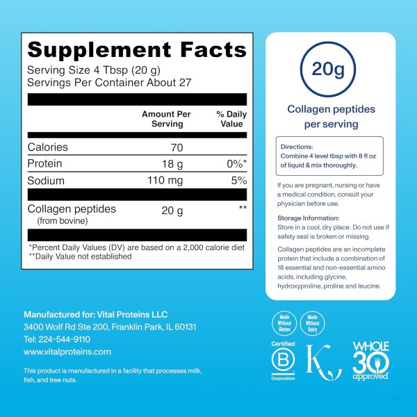 Vital Proteins Collagen Peptides Powder - Grass Fed Collagen Peptides for Hair, Nail, Skin, Bone & Joint Health, Unflavored, 27 Servings - Image 4