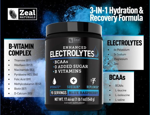 Enhanced Electrolyte Powder (Blue Raspberry | 90ct.) w/ 0 Sugar +BCAAs +B-Vitamins Electrolyte Supplement w Potassium Zinc & Magnesium for Hydration - Keto Electrolytes - Image 3