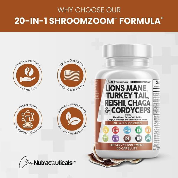 Clean Nutraceuticals Lions Mane 20in1 Mushroom Supplement with Turkey Tail Reishi Cordyceps Chaga Maitake Meshima Poria Cocos Shiitake Oyster Porcini Enoki (5) - Image 4