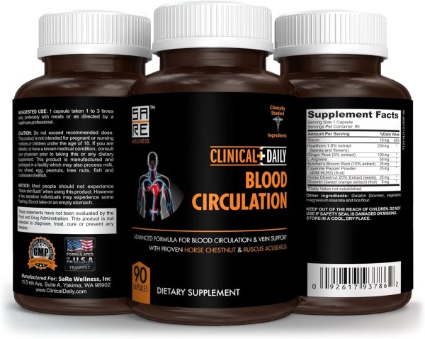 Clinical Daily Blood Circulation Supplements. Butchers Broom, Horse Chestnut, Hawthorn, Cayenne, Arginine, Diosmin Varicose Veins Treatment for Legs. Poor Circulation and Vein Support. 180 Capsules. - Image 4
