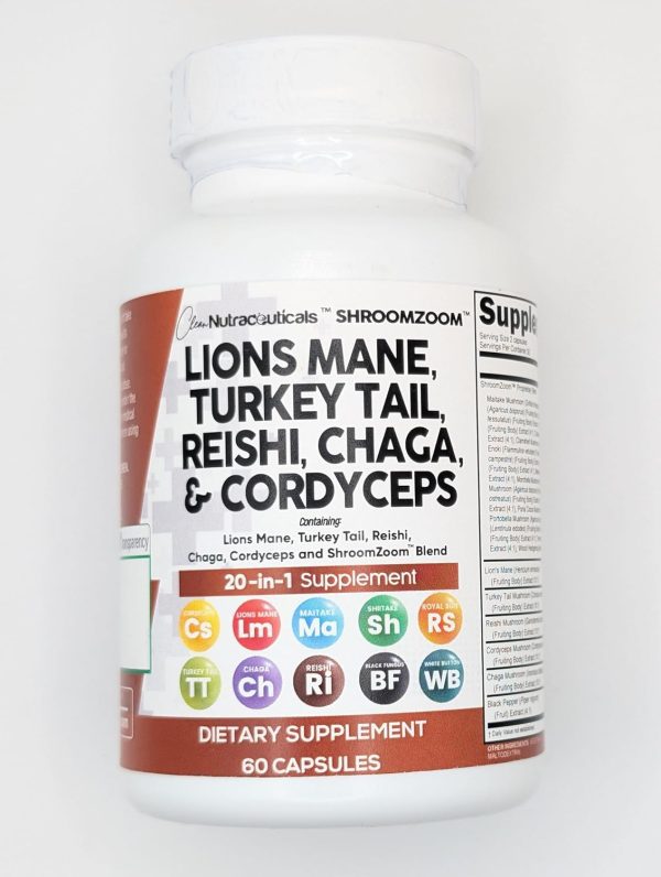 Clean Nutraceuticals Lions Mane 20in1 Mushroom Supplement with Turkey Tail Reishi Cordyceps Chaga Maitake Meshima Poria Cocos Shiitake Oyster Porcini Enoki (5) - Image 5
