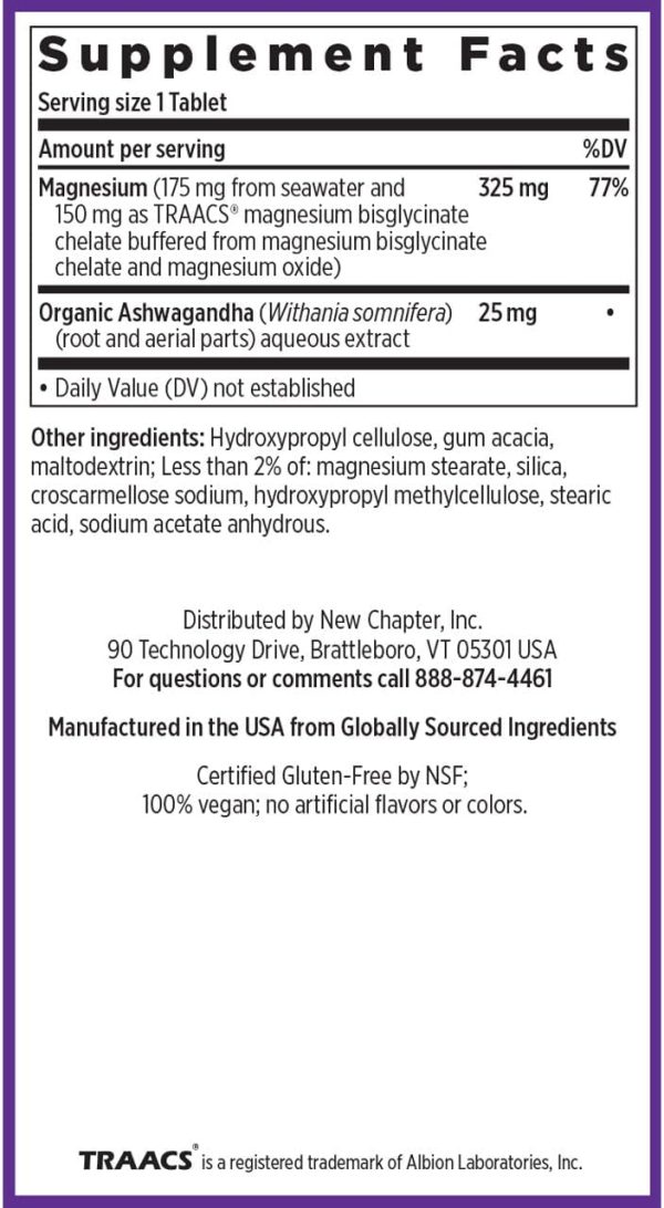 New Chapter Magnesium + Ashwagandha Supplement, 325 mg with Magnesium Glycinate, 2.5x Absorption, Muscle Recovery, Heart & Bone Health, Calm & Relaxation, Gluten Free, Non-GMO - 60 ct (2 Month Supply) - Image 4