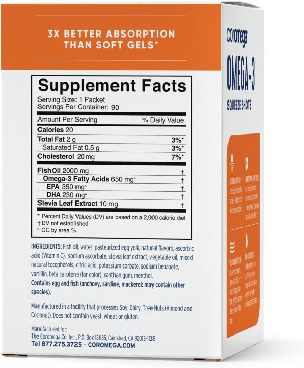 Coromega Omega 3 Fish Oil Supplement, 650mg of Omega-3s with 3X Better Absorption Than Softgels, Orange Flavor, 90 Single Serve Squeeze Packets - Image 4
