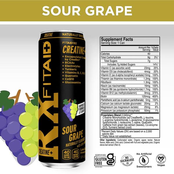 FITAID RX Zero Sugar, Encapsulated Creatine, Workout Recovery Drink, All-In-One Blend, BCAAs Glucosamine, Turmeric, B-Complex, Electrolytes, Juicy Apple, 12 Fl Oz (Pack of 24) - Image 6