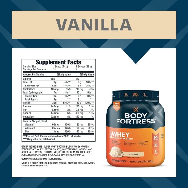 Body Fortress Super Advanced Whey Protein Powder, Vanilla, Immune Support (1), Vitamins C & D Plus Zinc, 1.74 lbs - Image 4