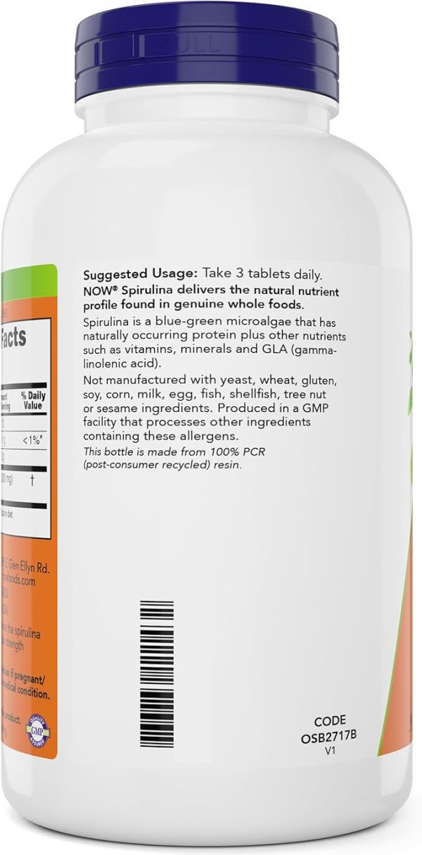 NOW Foods Organic Spirulina 1000mg Tablets - 300 Count (Pack of 2) - Non-GMO, Super Green Whole Food Supplement - Double Strength 1000 mg - Naturally Occurring Beta-Carotene (VIT A), B-12 and GLA - Image 5