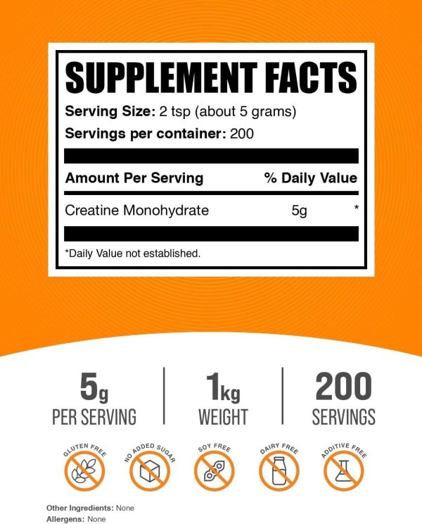 BulkSupplements.com Creatine Monohydrate Powder - Creatine Supplement, Micronized Creatine 1kg, Creatine Powder - Unflavored & Gluten Free, 5g (5000mg) per Servings, 1kg (2.2 lbs) (Pack of 1) - Image 2