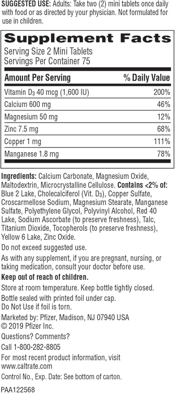Caltrate 600+D3 Plus Minerals Mini Calcium & Vitamin D3 Supplement Mini Tablet, 600 mg, 150 Count (Pack of 3) - Image 7