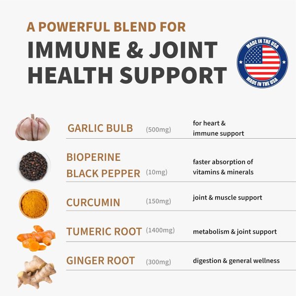 4-in-1 Turmeric and Garlic Supplements with Bioperine 2360 mg Turmeric Ginger Root Capsules with Garlic for Joint, Digestion & Immune Support (120 ct) - Image 5