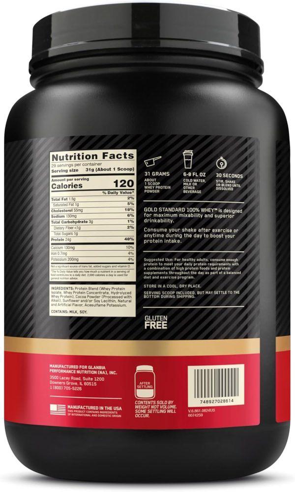 Optimum Nutrition Gold Standard 100% Whey Protein Powder, Double Rich Chocolate, 2 Pound (Packaging May Vary) - Image 3