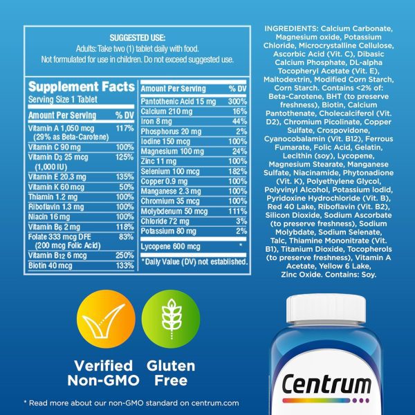 Centrum Multivitamin for Men, Multivitamin/Multimineral Supplement with Vitamin D3, B Vitamins and Antioxidants, Gluten Free, Non-GMO Ingredients - 250 Count - Image 5