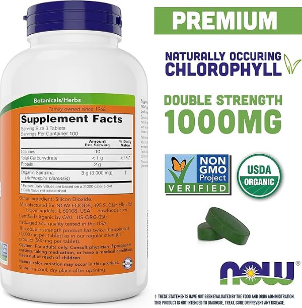 NOW Foods Organic Spirulina 1000mg Tablets - 300 Count (Pack of 2) - Non-GMO, Super Green Whole Food Supplement - Double Strength 1000 mg - Naturally Occurring Beta-Carotene (VIT A), B-12 and GLA - Image 3