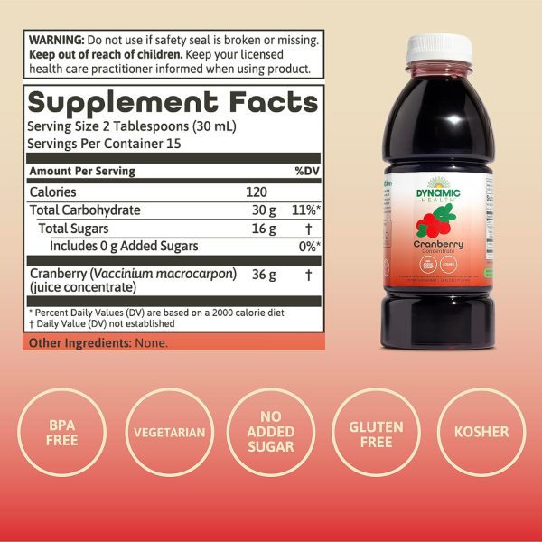 Dynamic Health Pure Cranberry Unsweetened 100% Juice Concentrate, Natural Antioxidant Supplement, No Additives, No Added Sugar, No Preservatives, 16 Servings, 16oz - Image 5