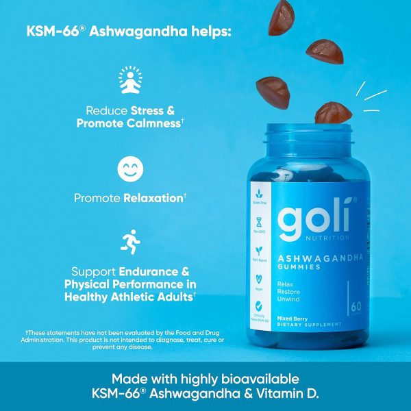 Goli Ashwagandha & Vitamin D Gummy - 60 Count - Mixed Berry, KSM-66, Vegan, Plant Based, Non-GMO, Gluten-Free & Gelatin Free Relax. Restore. Unwind, Pack of 1 - Image 3