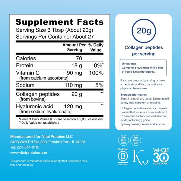 Vital Proteins Collagen Peptides Powder Advanced with Hyaluronic Acid & Vitamin C - 20oz Collagen Protein, Unflavored, 28 Servings - Image 3