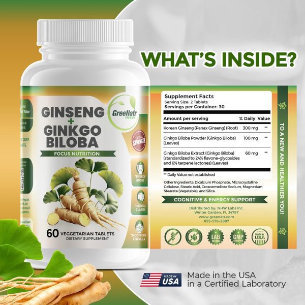 Ginko Biloba & Panax Ginseng Supplement - Red Ginseng Brain Supplement for Memory and Focus - Ginkgo Biloba Supplements for Good Vision, Immune System and Improved Blood Flow - 3 Bottles - Image 3
