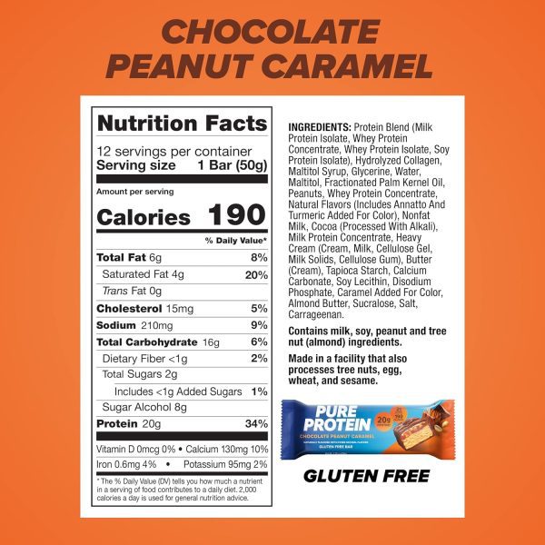 Pure Protein Bars, High Protein, Nutritious Snacks to Support Energy, Low Sugar, Gluten Free, Chocolate Peanut Caramel, 1.76oz, 12 Count (Pack of 1) (Packaging May Vary) - Image 2
