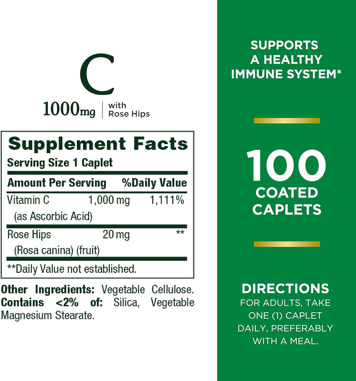 Nature's Bounty Vitamin C + Rose HIPS, Immune Support, 1000mg, Coated Caplets, 100 Ct - Image 2
