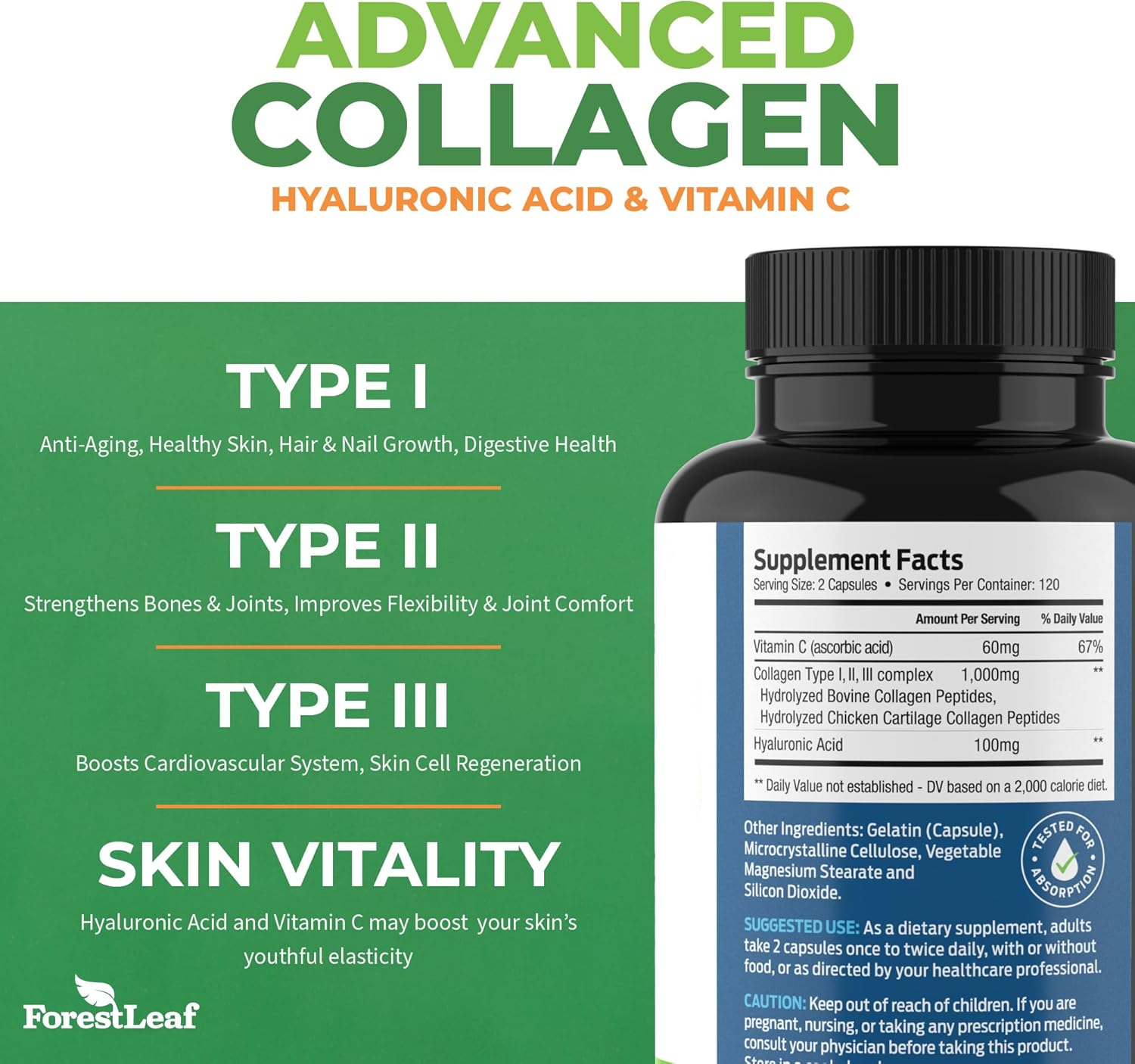 ForestLeaf Multi Collagen Pills - Collagen Men & Collagen Women - Hydrolyzed Collagen Supplements with Vitamin C & Hyaluronic Acid - Collagen Capsules for Hair, Skin & Nails (240 Peptide Capsules) - Image 2