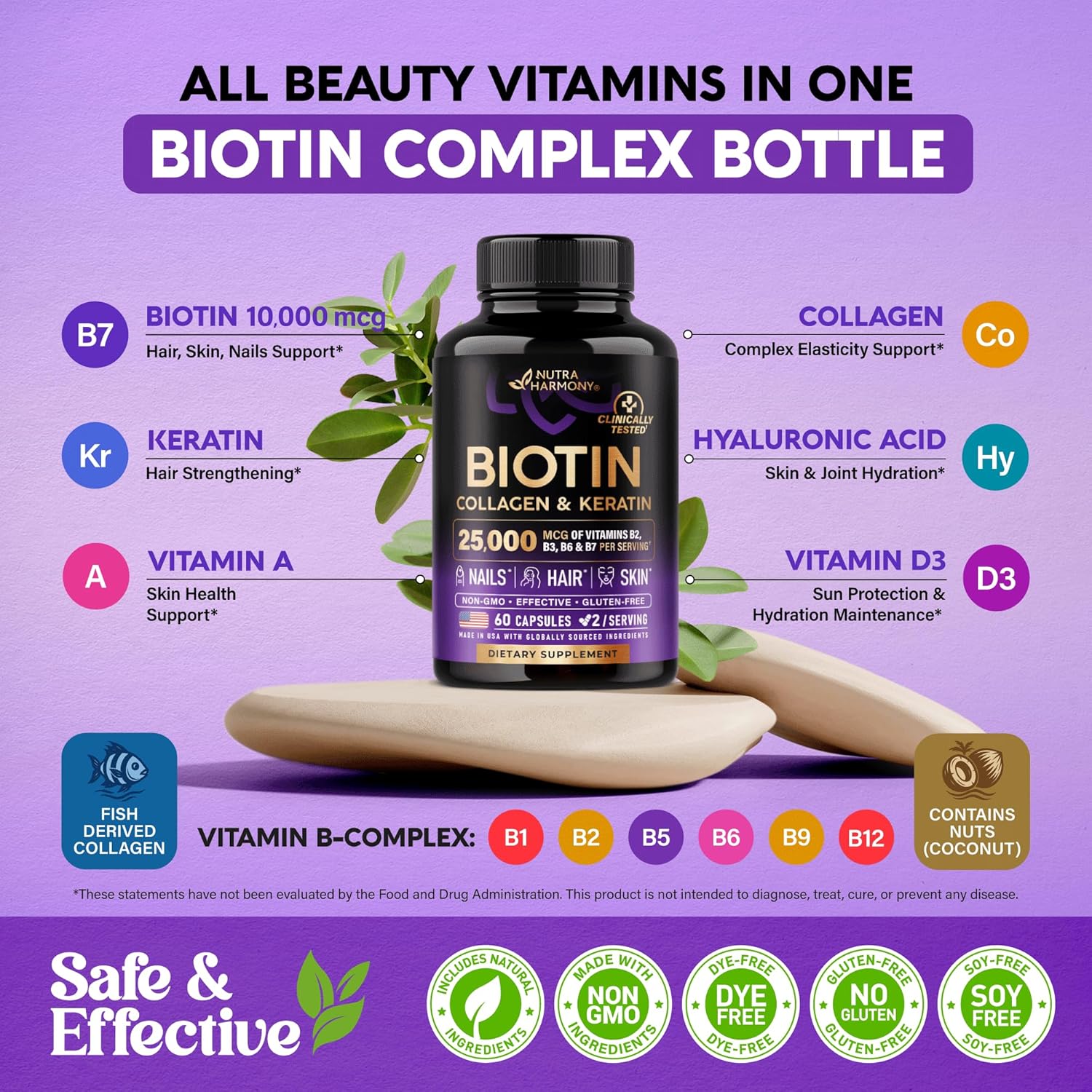 Biotin | Collagen | Keratin - Clinically Tested Supplement - Hair Growth Support, Skin & Nails - 25000 mcg Vitamins B2, B3, B6 & B7 + B1 & Hyaluronic Acid - Made in USA - Women & Men | 60 Capsules - Image 4