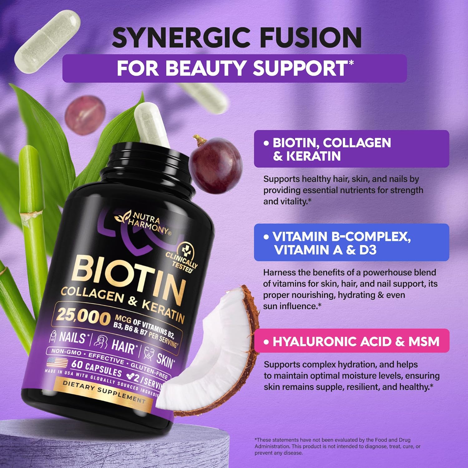 Biotin | Collagen | Keratin - Clinically Tested Supplement - Hair Growth Support, Skin & Nails - 25000 mcg Vitamins B2, B3, B6 & B7 + B1 & Hyaluronic Acid - Made in USA - Women & Men | 60 Capsules - Image 5