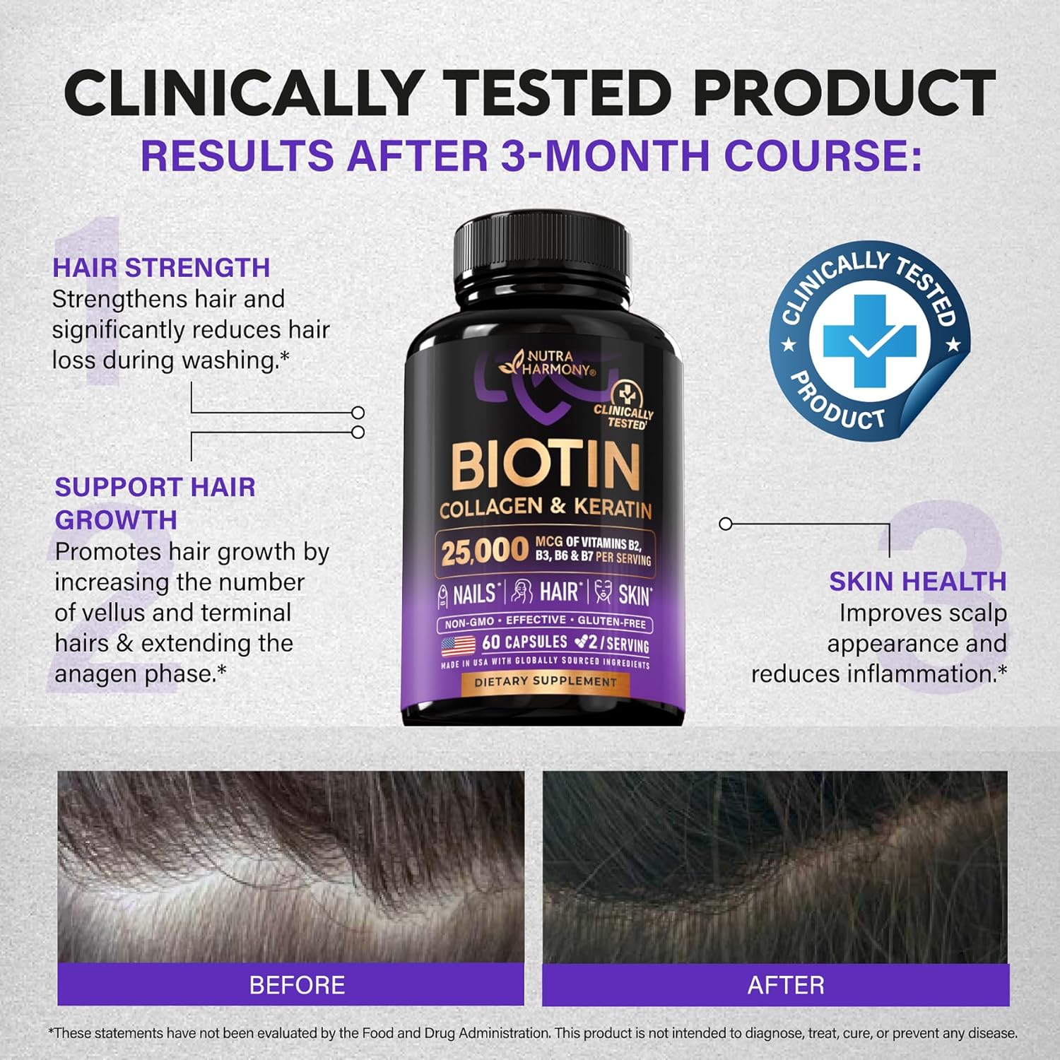 Biotin | Collagen | Keratin - Clinically Tested Supplement - Hair Growth Support, Skin & Nails - 25000 mcg Vitamins B2, B3, B6 & B7 + B1 & Hyaluronic Acid - Made in USA - Women & Men | 60 Capsules - Image 6