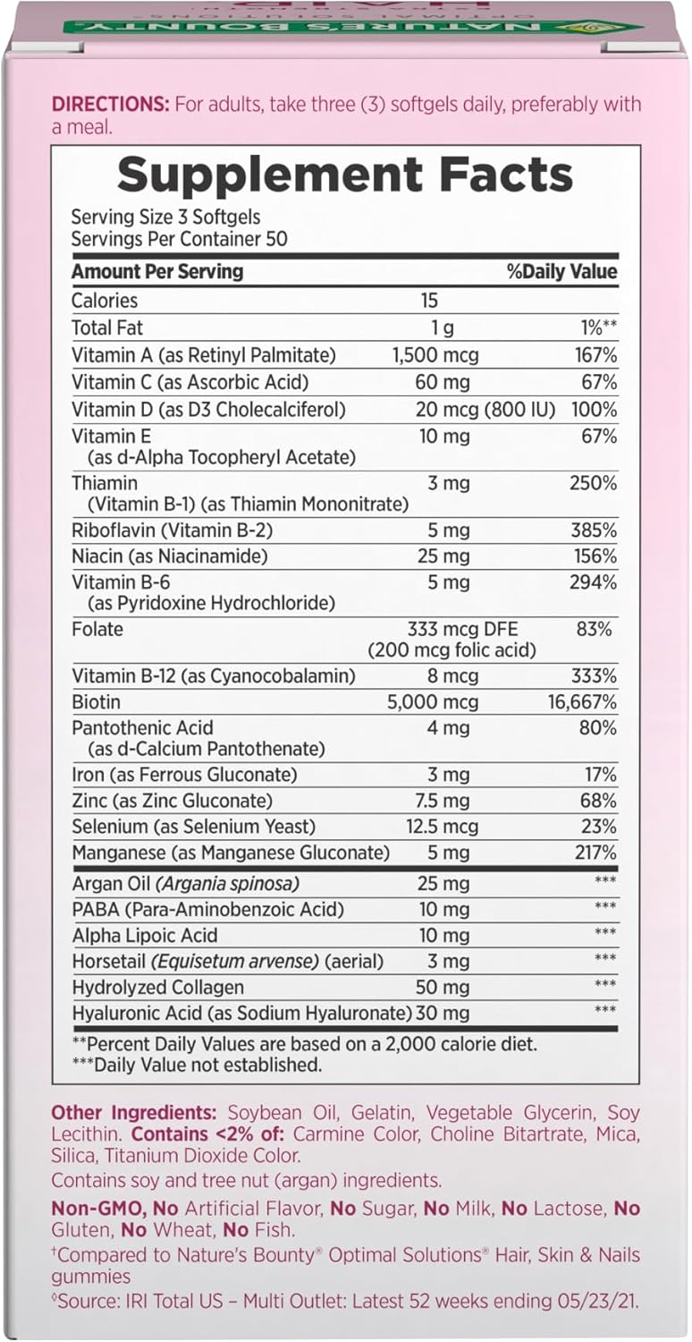 Nature's Bounty Advanced Hair, Skin & Nails, Argan-Infused Vitamin Supplement with Biotin and Hyaluronic Acid, 150 Rapid Release Softgels, 50 Total Servings - Image 4