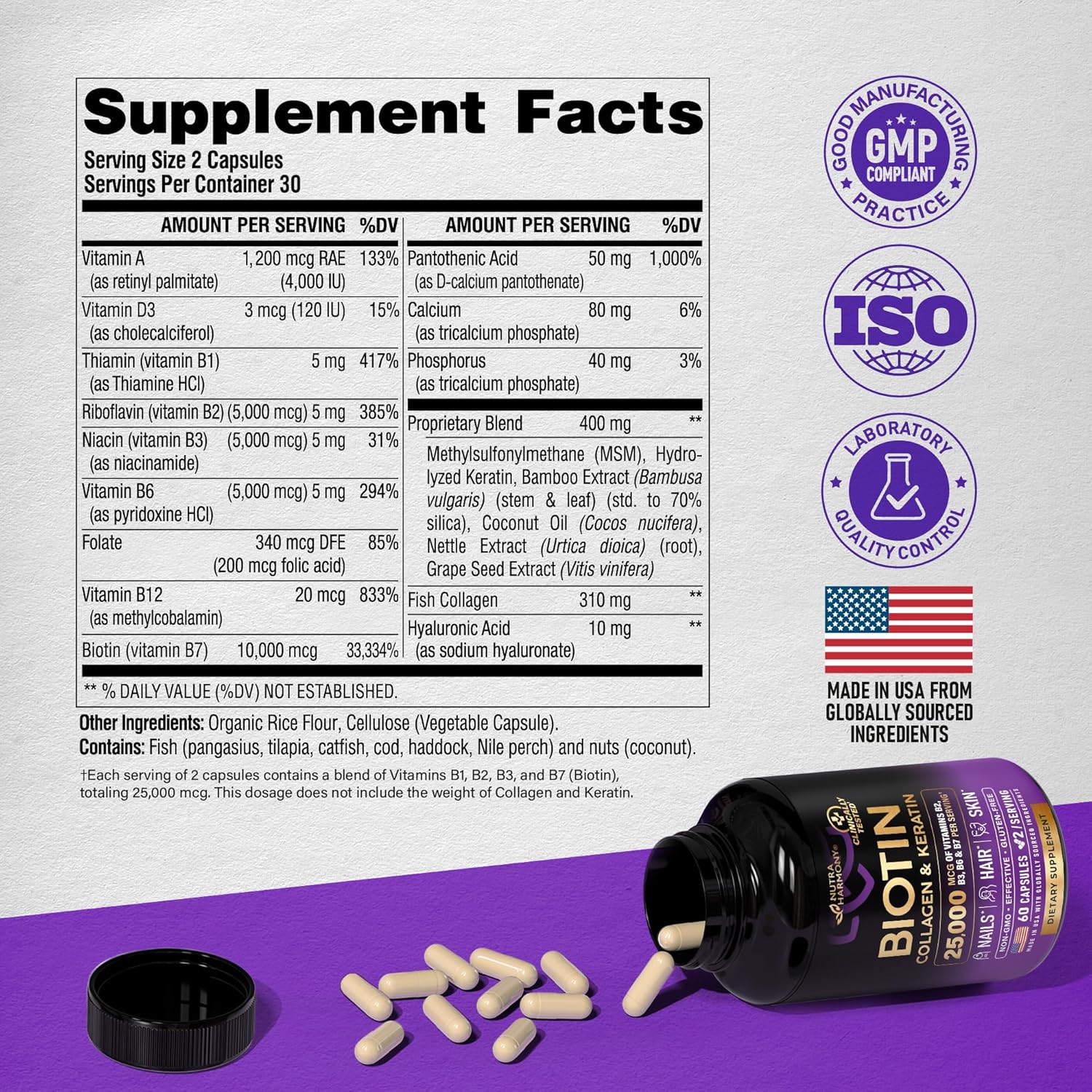 Biotin | Collagen | Keratin - Clinically Tested Supplement - Hair Growth Support, Skin & Nails - 25000 mcg Vitamins B2, B3, B6 & B7 + B1 & Hyaluronic Acid - Made in USA - Women & Men | 60 Capsules - Image 8