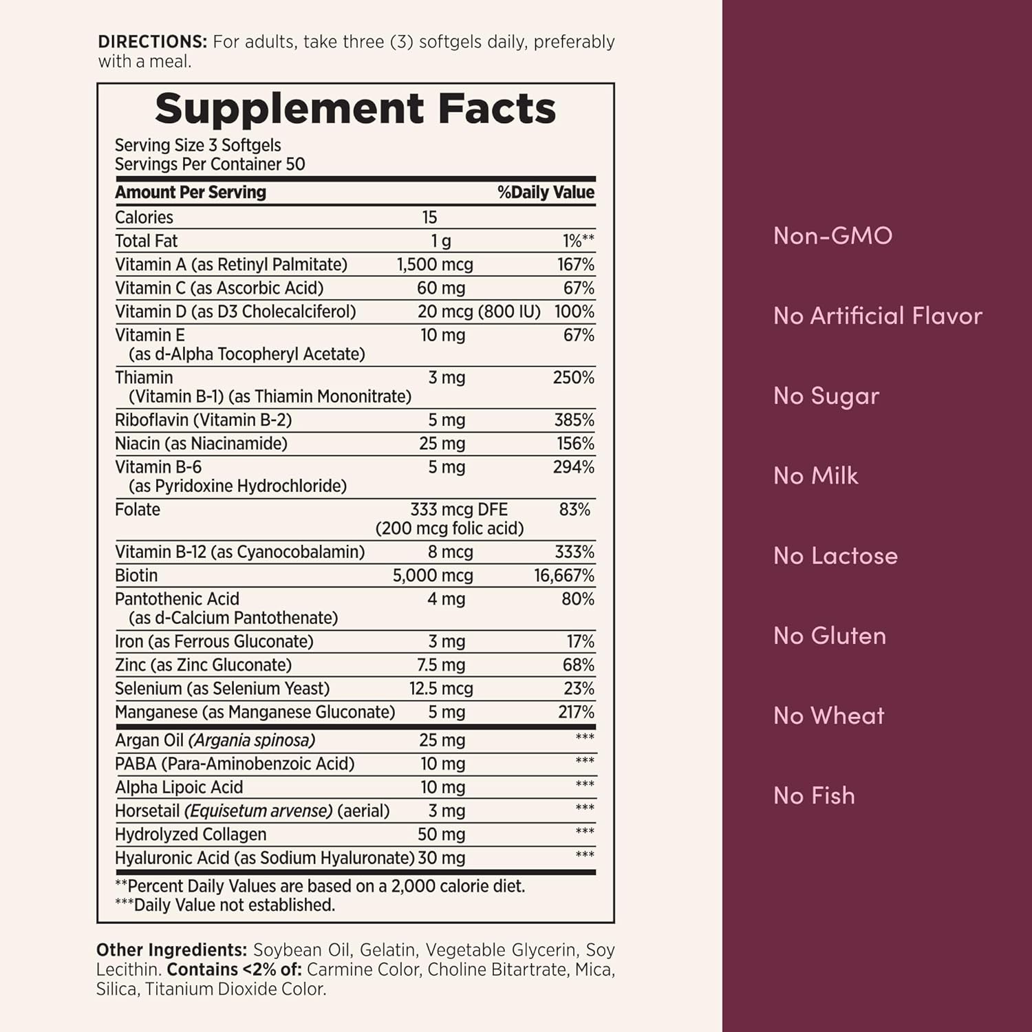 Nature's Bounty Advanced Hair, Skin & Nails, Argan-Infused Vitamin Supplement with Biotin and Hyaluronic Acid, 150 Rapid Release Softgels, 50 Total Servings - Image 3