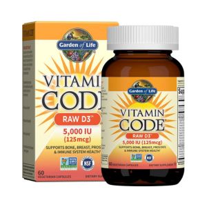 Garden of Life Vitamin D3 5000 IU, Raw Whole Food Supplements with Chlorella, Fruit, Veggies & Probiotics for Bone & Immune Health, 60 Vegetarian Capsules