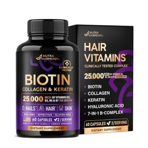 Biotin | Collagen | Keratin - Clinically Tested Supplement - Hair Growth Support, Skin & Nails - 25000 mcg Vitamins B2, B3, B6 & B7 + B1 & Hyaluronic Acid - Made in USA - Women & Men | 60 Capsules