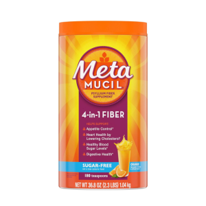 Metamucil 4 in 1 Daily Fiber Supplement Powder, Fiber Powder for Digestive Health and Regularity*, Sugar-Free, Orange, Naturally Sourced Psyllium Fiber, 180 teaspoons