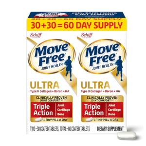 Move Free Ultra Triple Action Joint Support Supplement - Type II Collagen Boron & Hyaluronic Acid - Supports Joint Comfort, Cartiliage & Bones in 1 Tiny Pill Per Day, 2x30ct Bottles (60 servings)